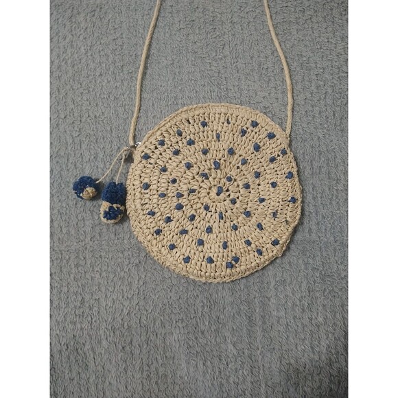 Straw Round Crossbody Bag Beachy Zip Up Neutral - Picture 1 of 6